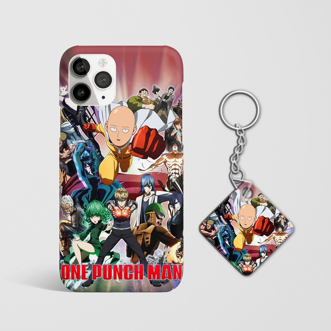 Close-up of Saitama’s intense expression on poster phone case with Keychain.