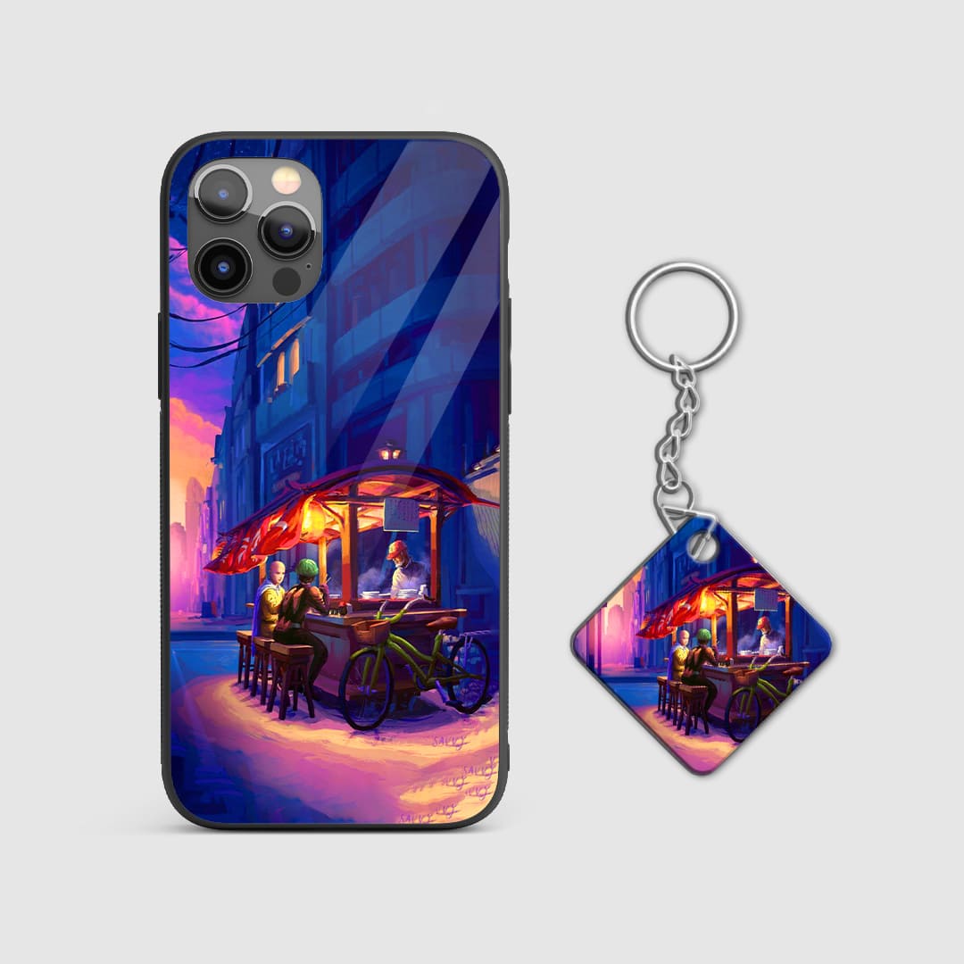 Street-style design of Saitama from One Punch Man on a durable silicone phone case with Keychain.