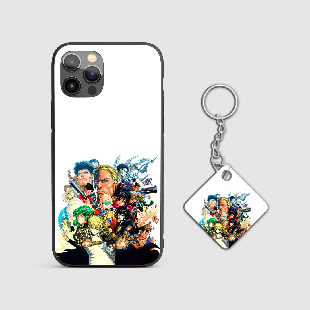 Powerful design of Saitama from One Punch Man on a durable silicone phone case with Keychain.