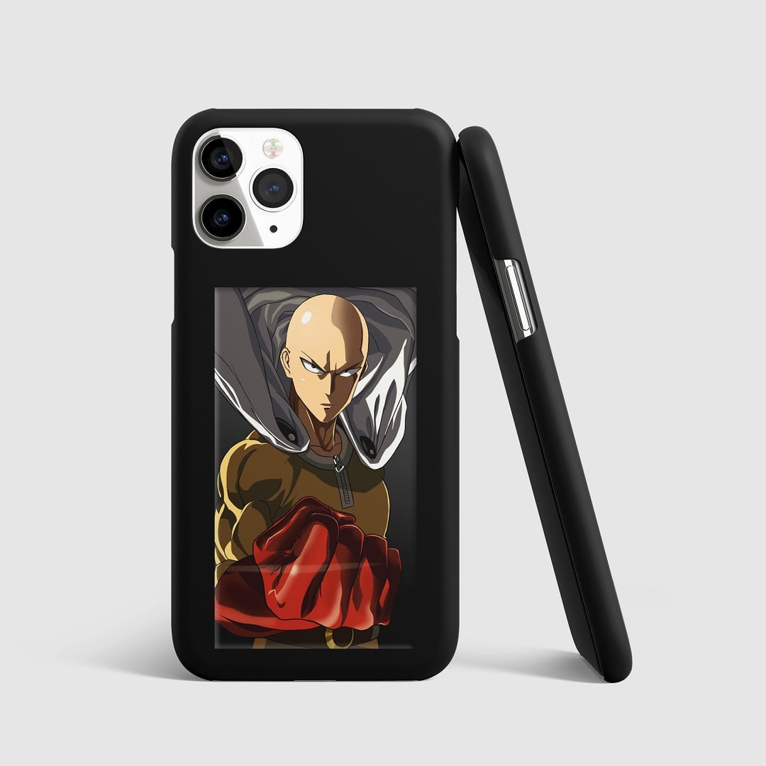 Iconic artwork of Saitama from "One Punch Man" on phone cover.