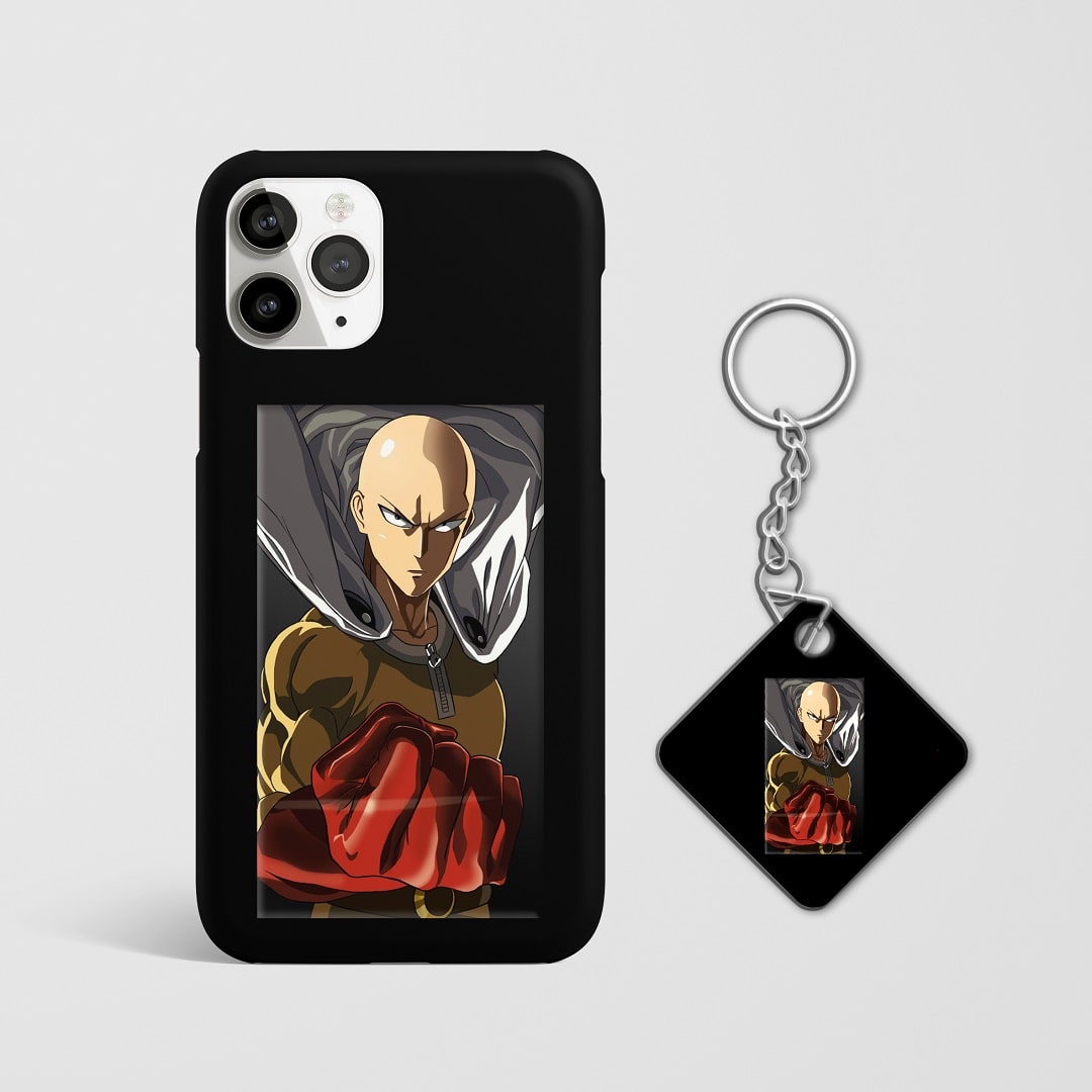 Close-up of Saitama’s relaxed expression on phone case with Keychain.