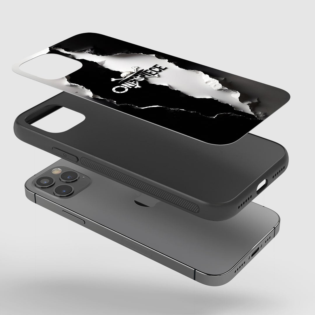 Angled view of One Piece Black & White Phone Case showing classic anime style.