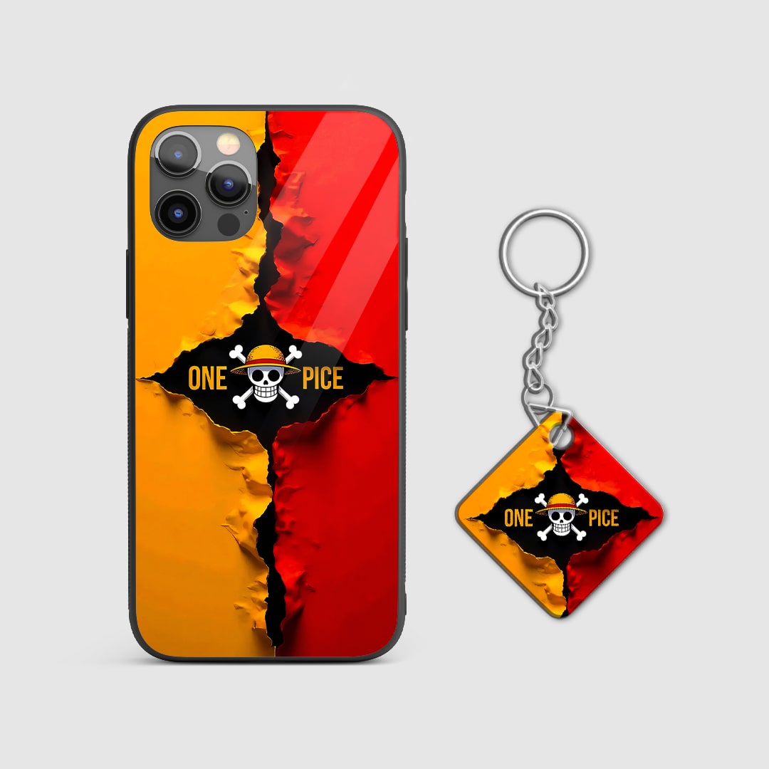 Back view of One Piece Logo Case featuring Straw Hat skull design with Keychain.