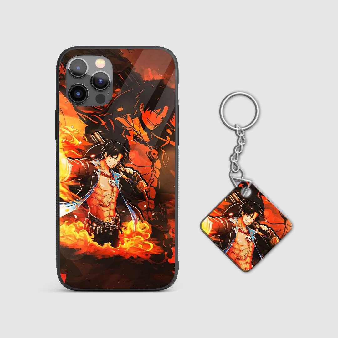 Detailed image of flaming artwork, symbolizing Portgas D Ace's fire powers on the phone case with Keychain.