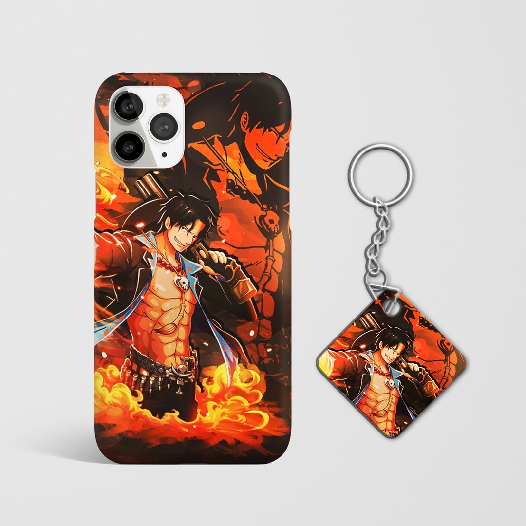 Close-up of Portgas D Ace Flame Phone Cover, highlighting detailed artwork with Keychain.