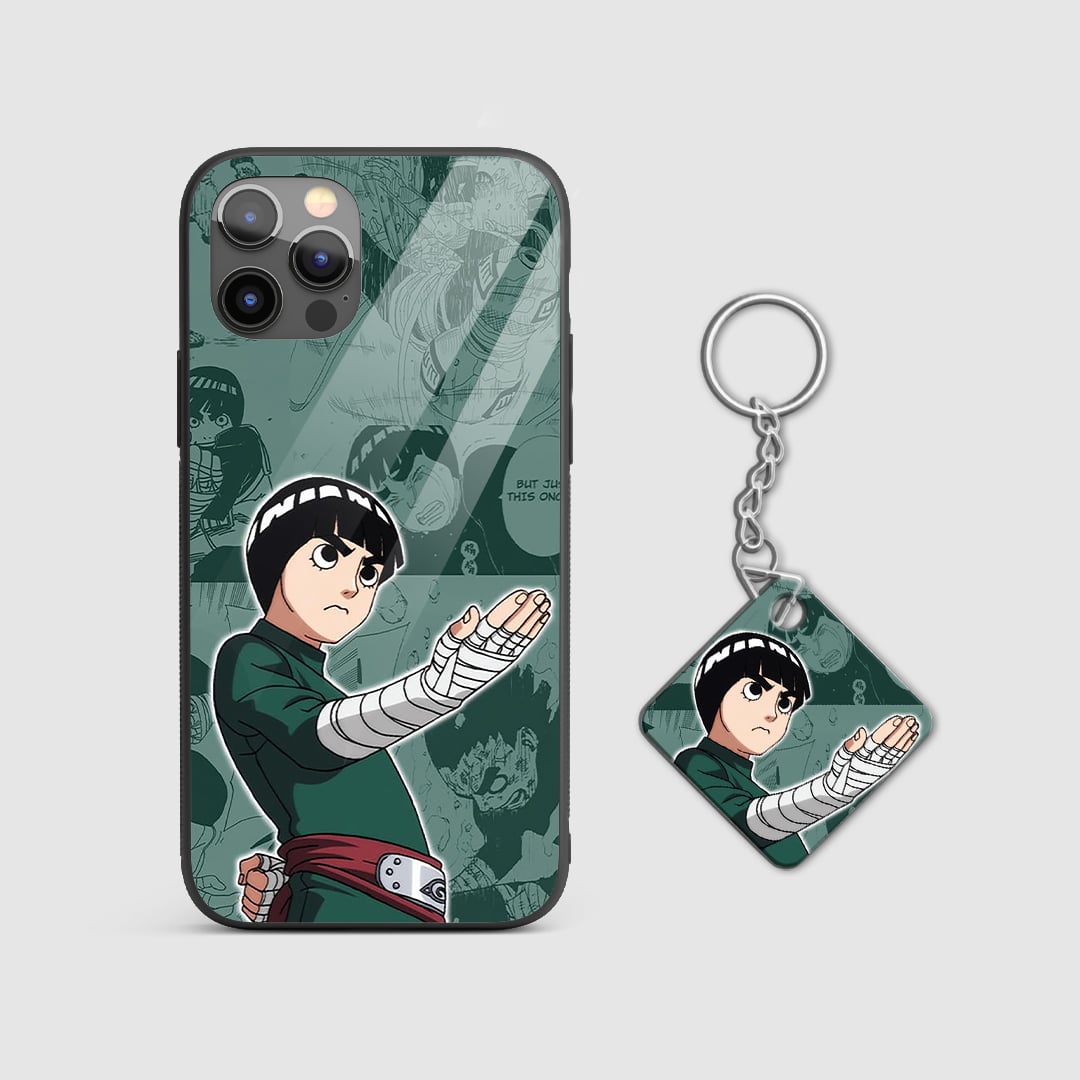 Detailed view of Rock Lee in dynamic poses on the silicone armored phone case with Keychain.