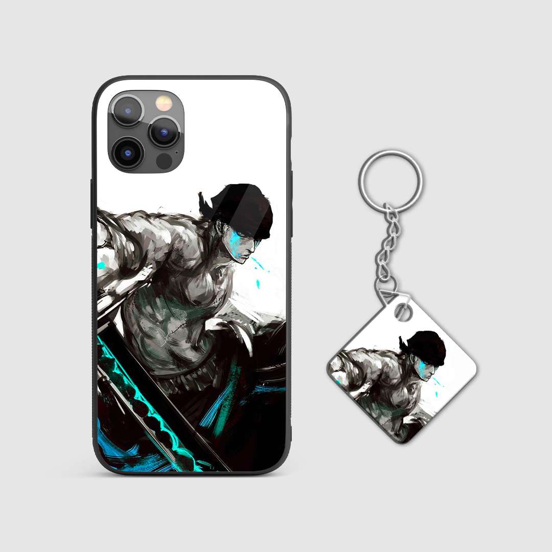 Close-up of Zoro wielding his swords on the silicone armored phone case with Keychain.