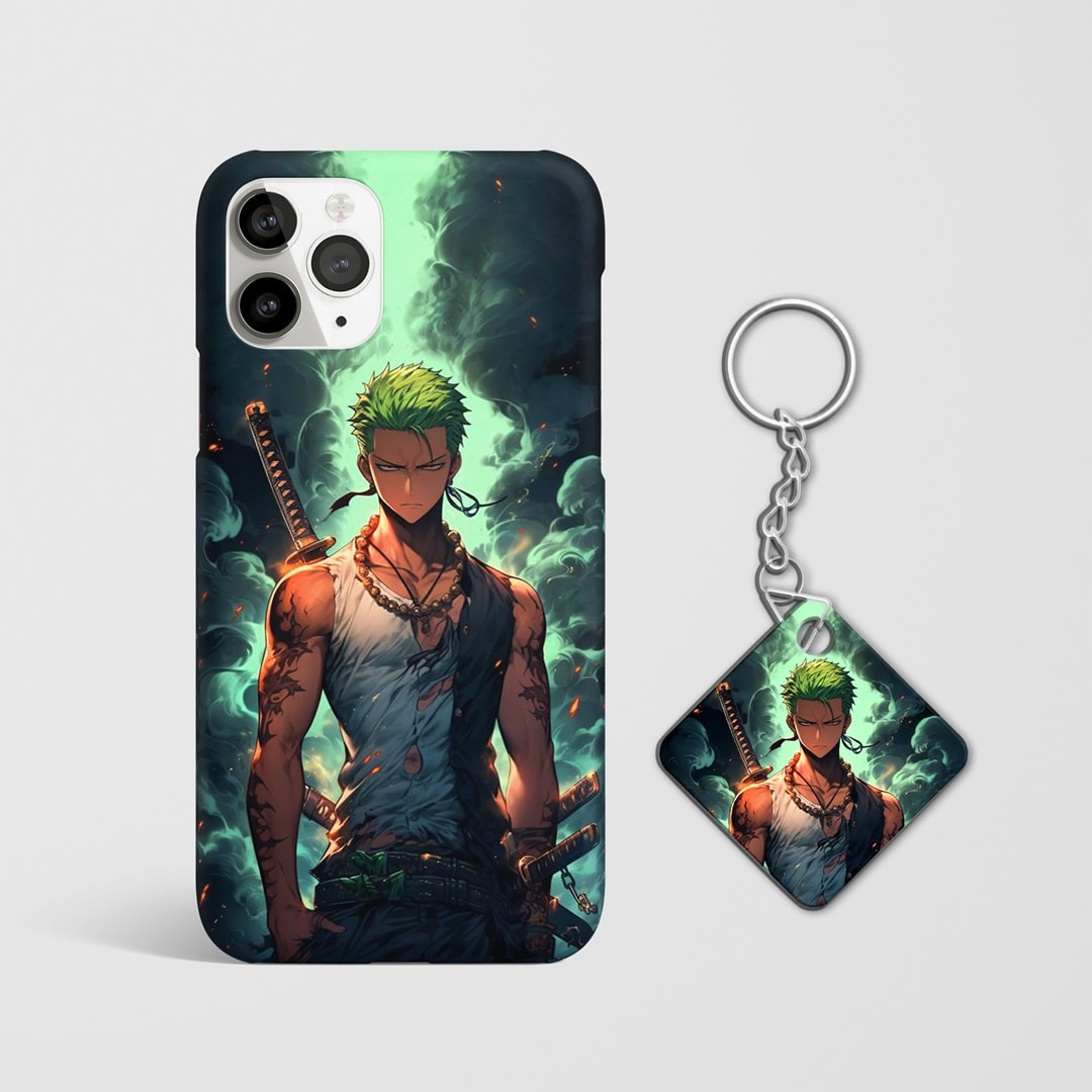 Close-up of Roronoa Zoro Aesthetic Phone Cover showing intricate details with Keychain.