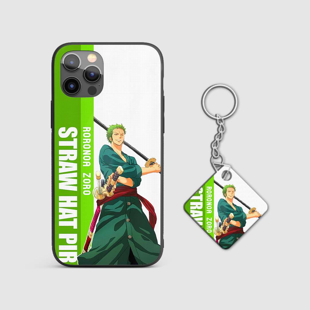 Close-up of Roronoa Zoro's intense battle scene printed on the silicone armored phone case with Keychain.