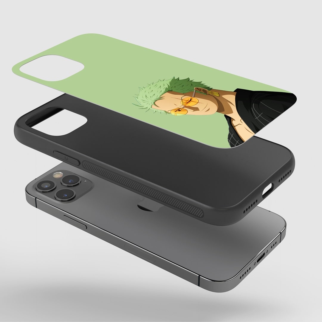 Roronoa Green Phone Case fitted on a smartphone, showcasing easy access to all ports and buttons.
