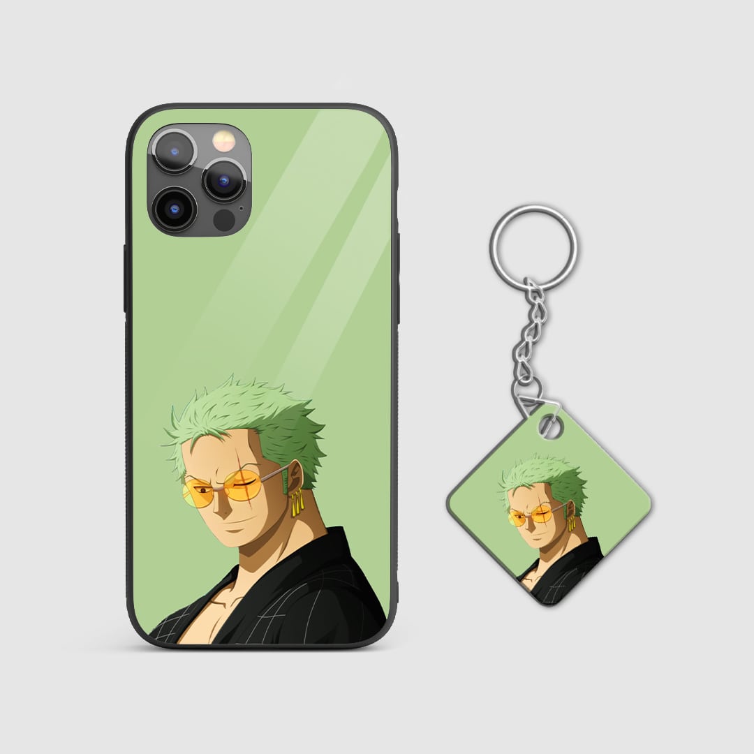 Detailed view of the stylish green and design elements evoking Zoro's character on the phone case with Keychain.