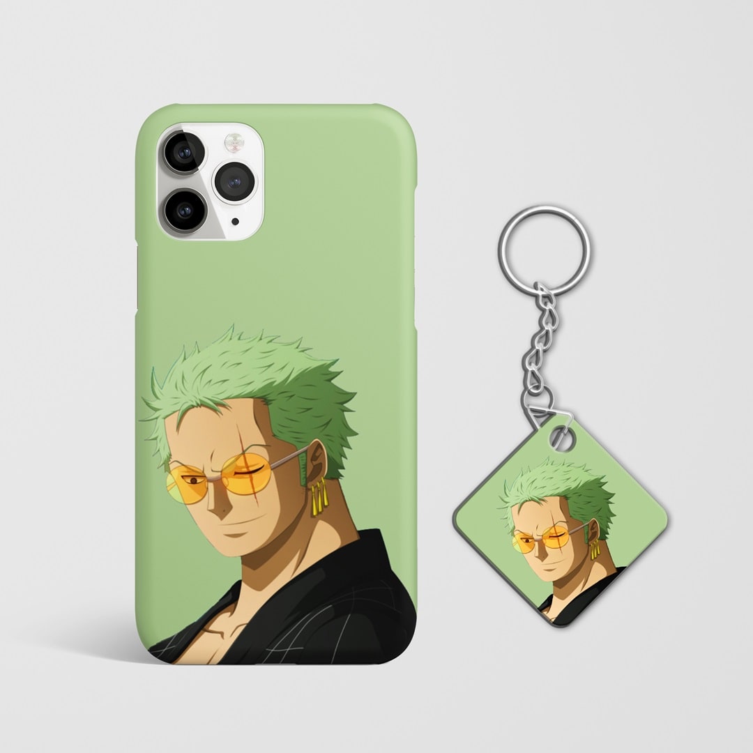 Close-up of Roronoa Zoro Green Aesthetic Phone Cover showing detailed artwork with Keychain.