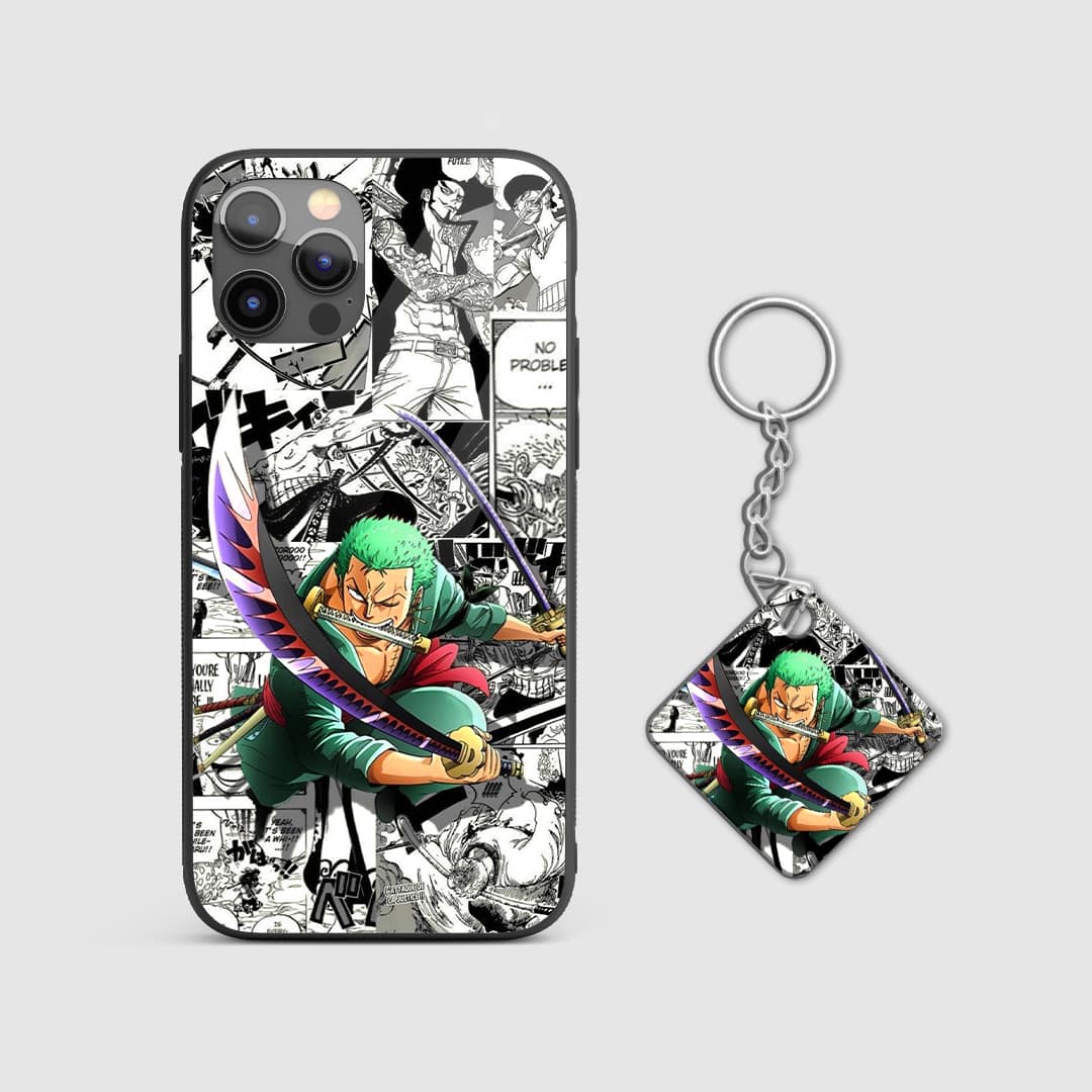 Close-up of Zoro's manga panel artwork on the durable silicone armored phone case with Keychain.
