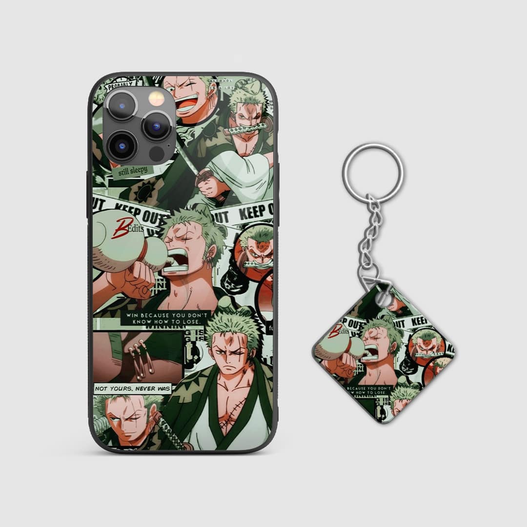 Detailed artwork of Zoro’s major battles and milestones on the silicone armored phone case with Keychain.