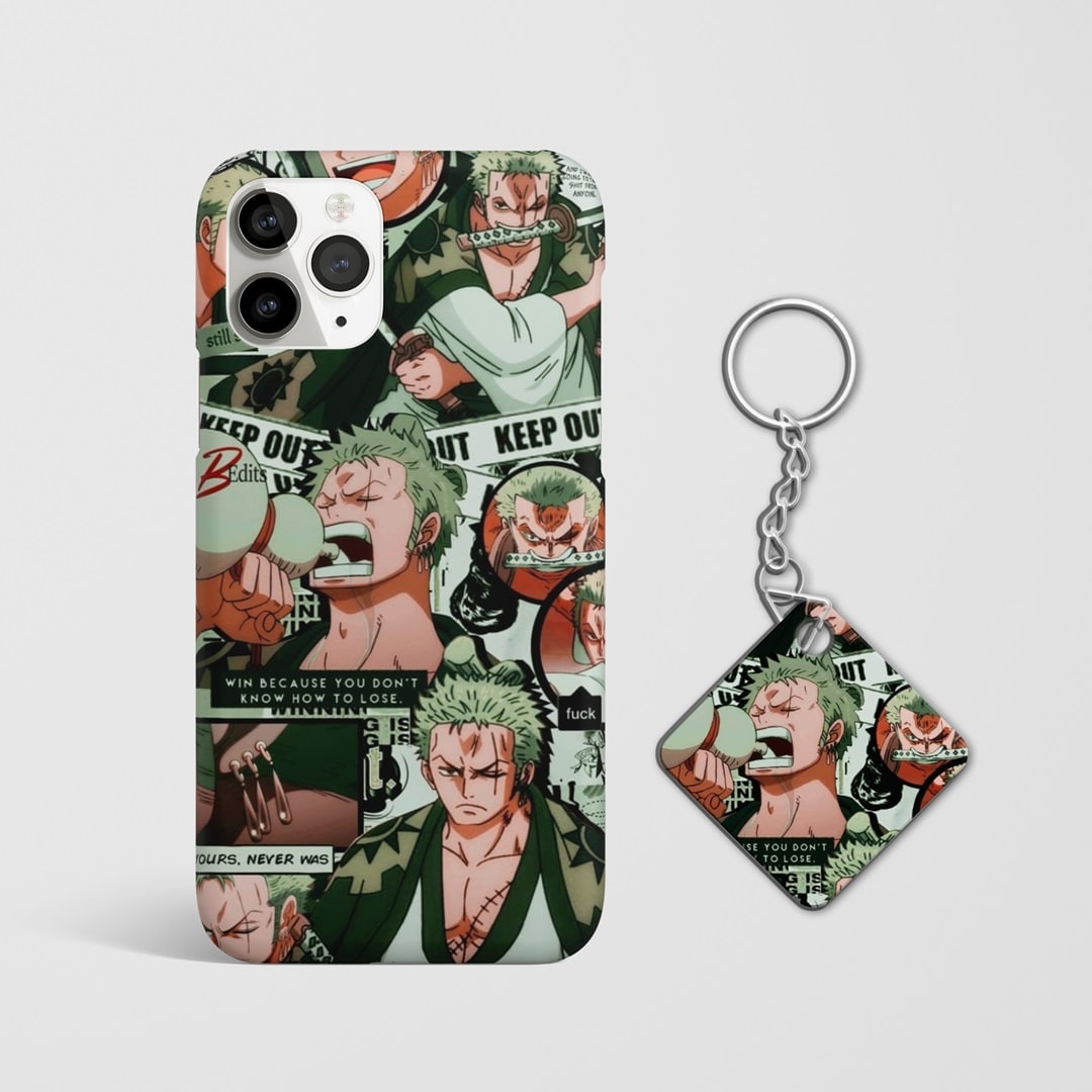 Close-up of Roronoa Zoro Synopsis Phone Cover showing detailed artwork with Keychain.