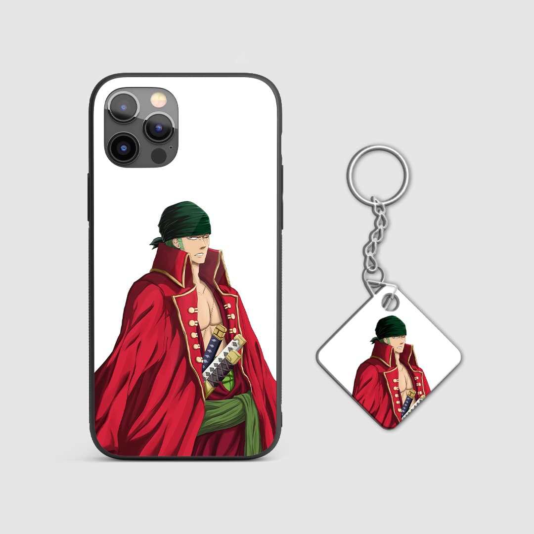 Detailed image of the sword design highlighting Zoro's weaponry on the phone case with Keychain.