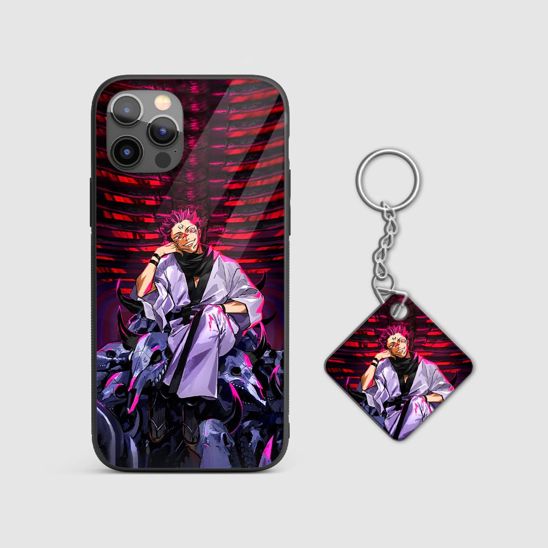 Detailed artwork of Ryomen Sukuna laughing ominously on the silicone armored phone case with Keychain.