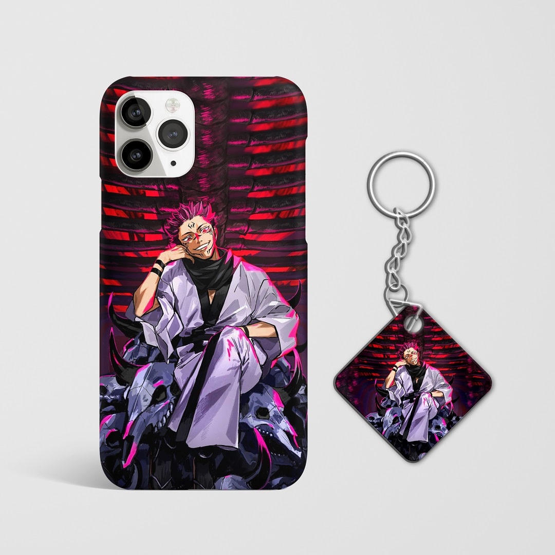Close-up of Sukuna's menacing expression on phone case with Keychain.