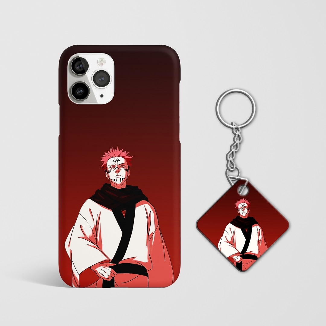 Close-up of Sukuna's intense expression on phone case with Keychain.