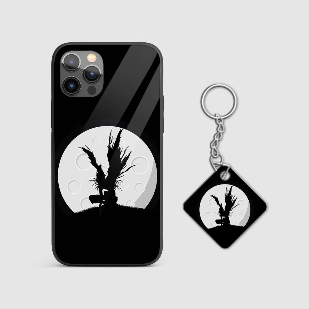 Striking black and white design of Ryuk from Death Note on a durable silicone phone case with Keychain.