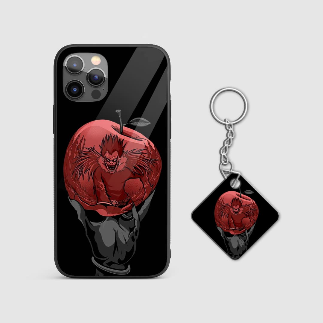 Artistic design of Ryuk with an apple from Death Note on a durable silicone phone case with Keychain.