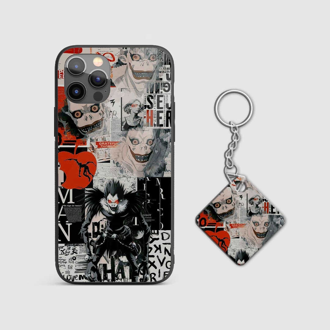 Classic manga art of Ryuk from Death Note on a durable silicone phone case with Keychain.