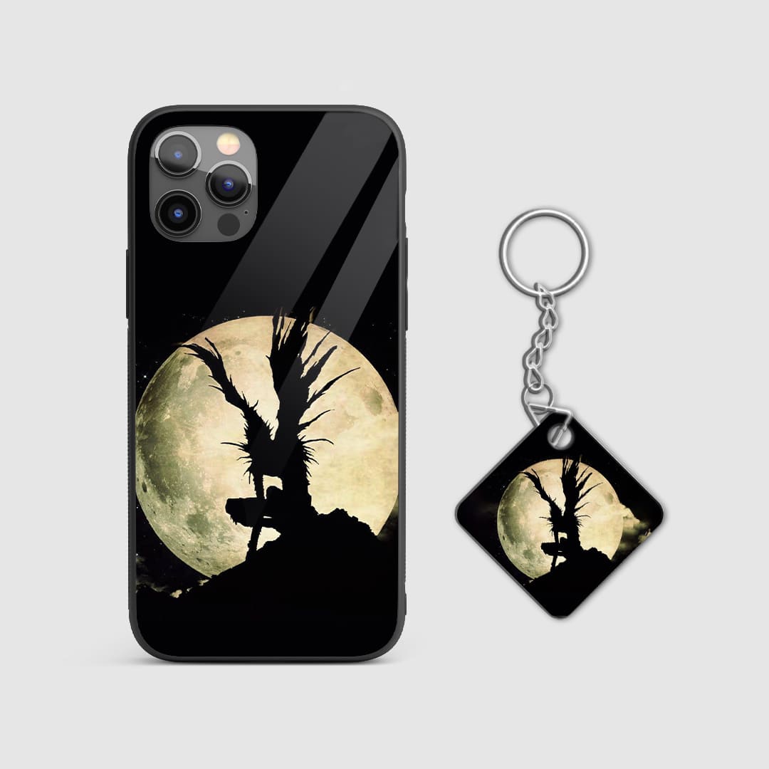 Dark elegance of Ryuk from Death Note against a moonlit backdrop on a durable silicone phone case with Keychain.
