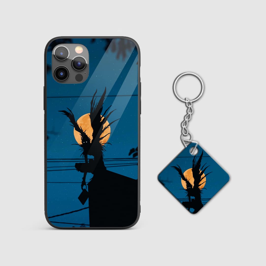 Eerie design of Ryuk from Death Note in his otherworldly domain on a durable silicone phone case with Keychain.