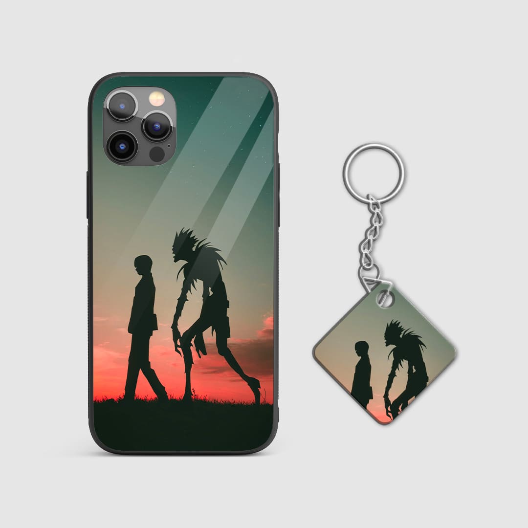 Striking design of Ryuk and Light Yagami on a durable silicone phone case, capturing their dark alliance with Keychain.