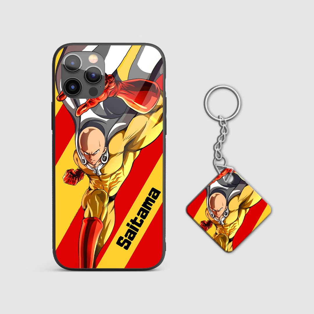 Dynamic action design of Saitama from One Punch Man on a durable silicone phone case with Keychain.
