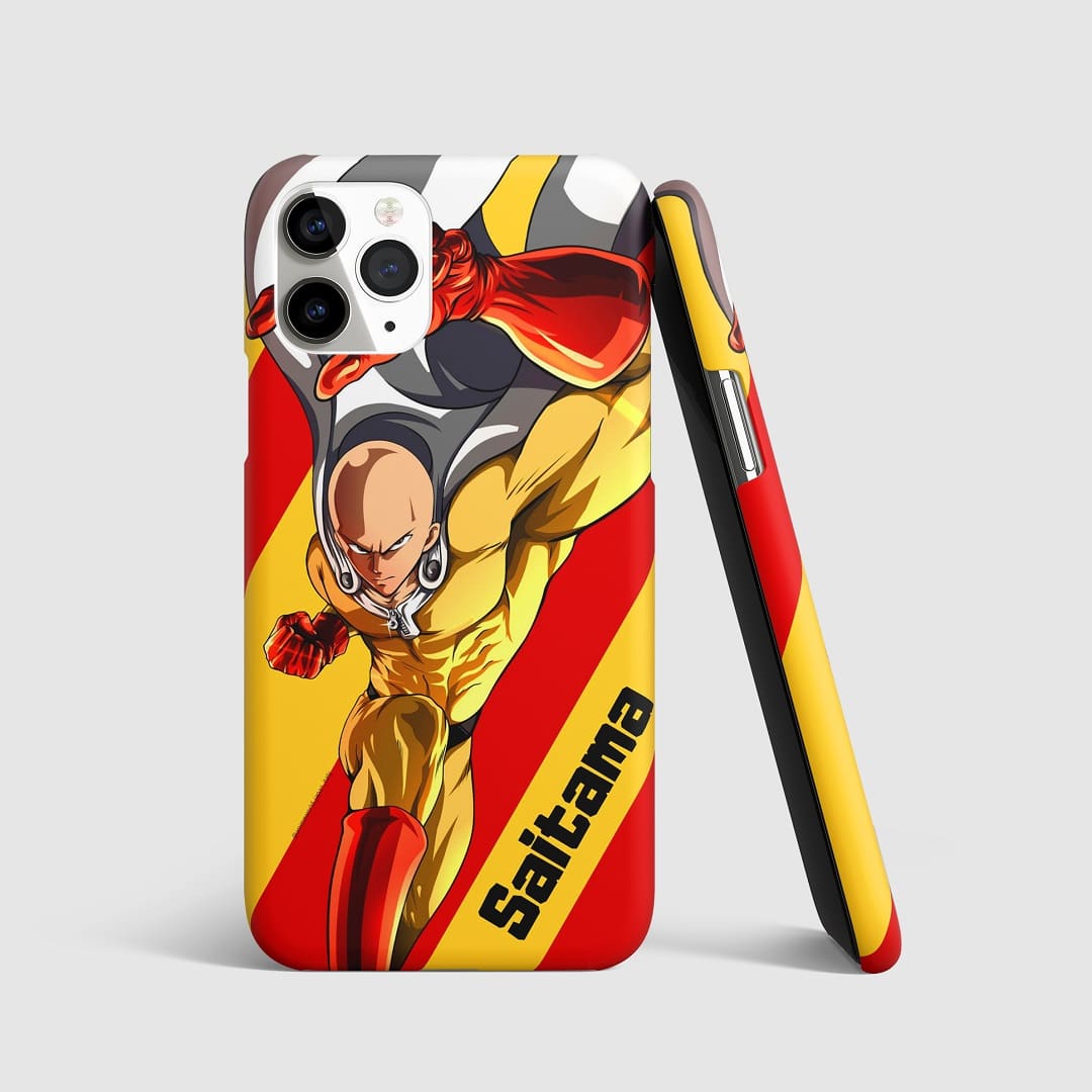 Dynamic artwork of Saitama from "One Punch Man" in action on phone cover.