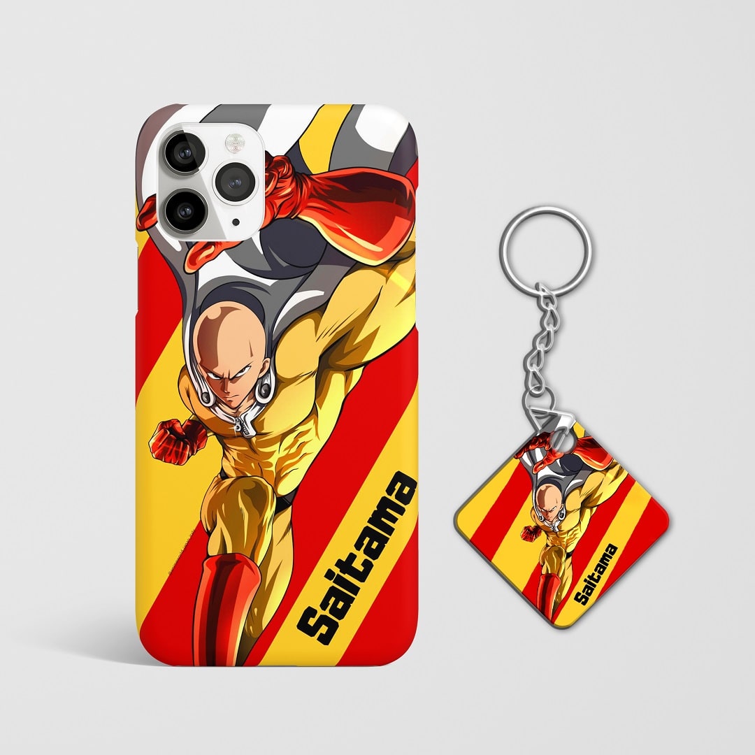 Close-up of Saitama’s intense expression on action phone case with Keychain.