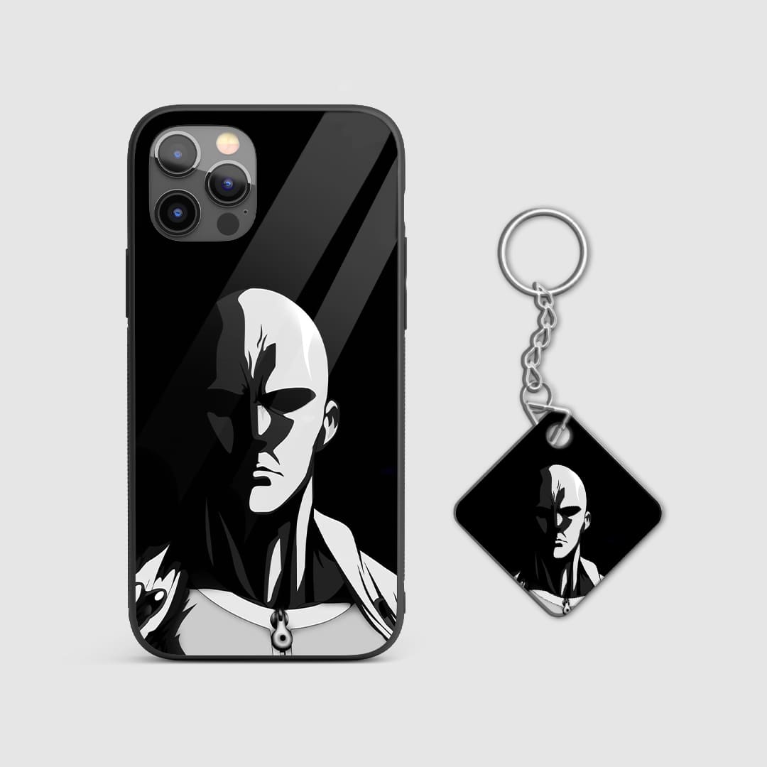 Black and white design of Saitama from One Punch Man on a durable silicone phone case with Keychain.