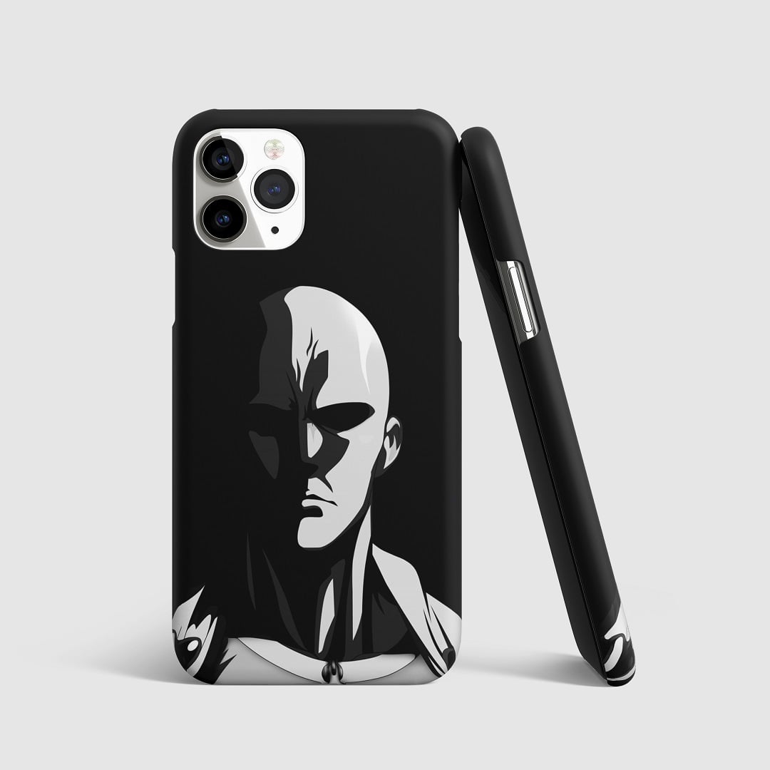 Black and white artwork of Saitama from "One Punch Man" on phone cover.