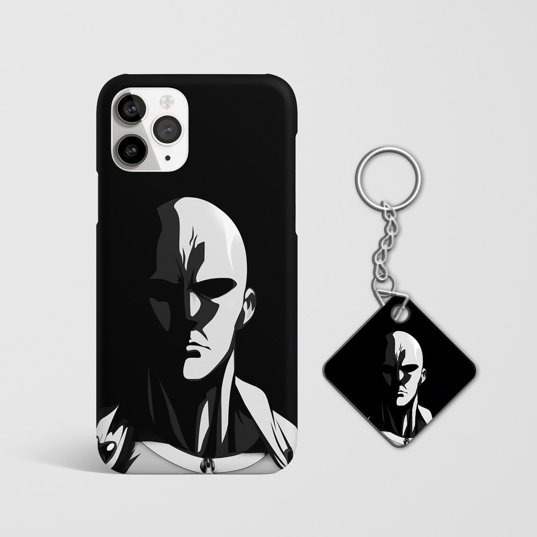 Close-up of Saitama’s intense expression in black and white on phone case with Keychain.