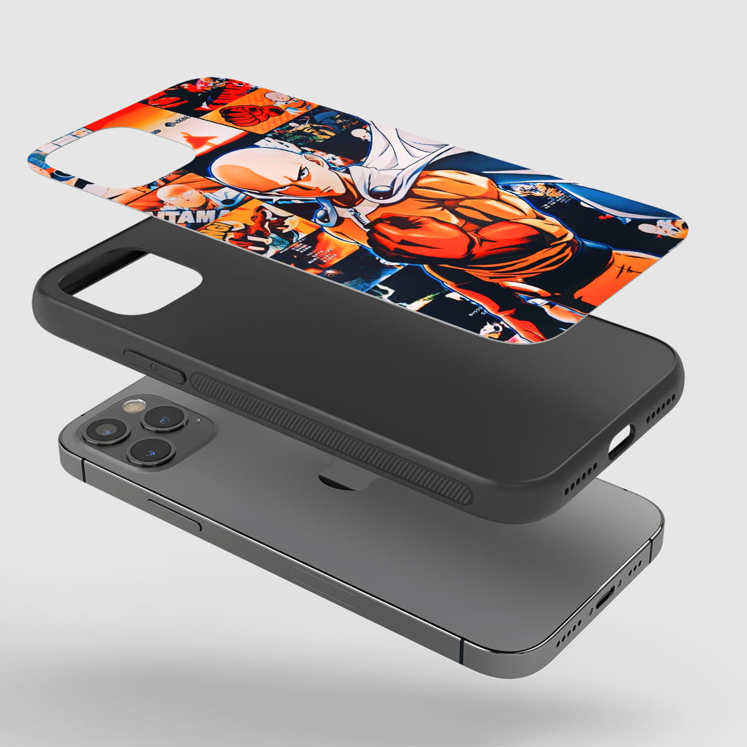 Saitama Collage Phone Case installed on a smartphone, offering robust protection and a dynamic design.