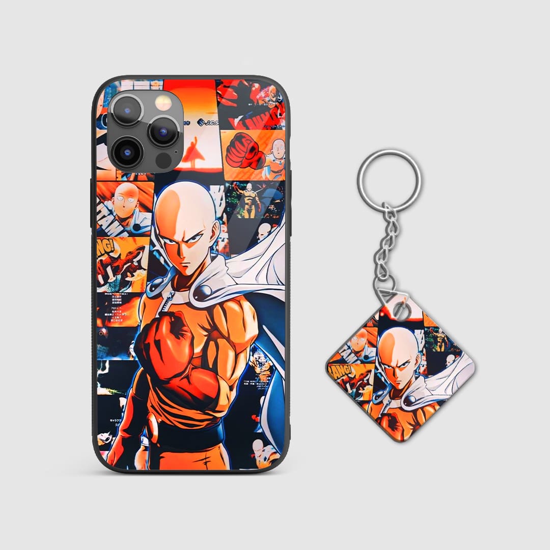 Artistic collage design of Saitama from One Punch Man on a durable silicone phone case with Keychain.