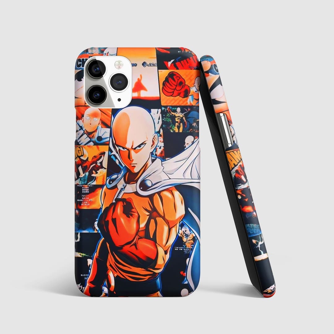 Vibrant collage of Saitama from "One Punch Man" on phone cover.