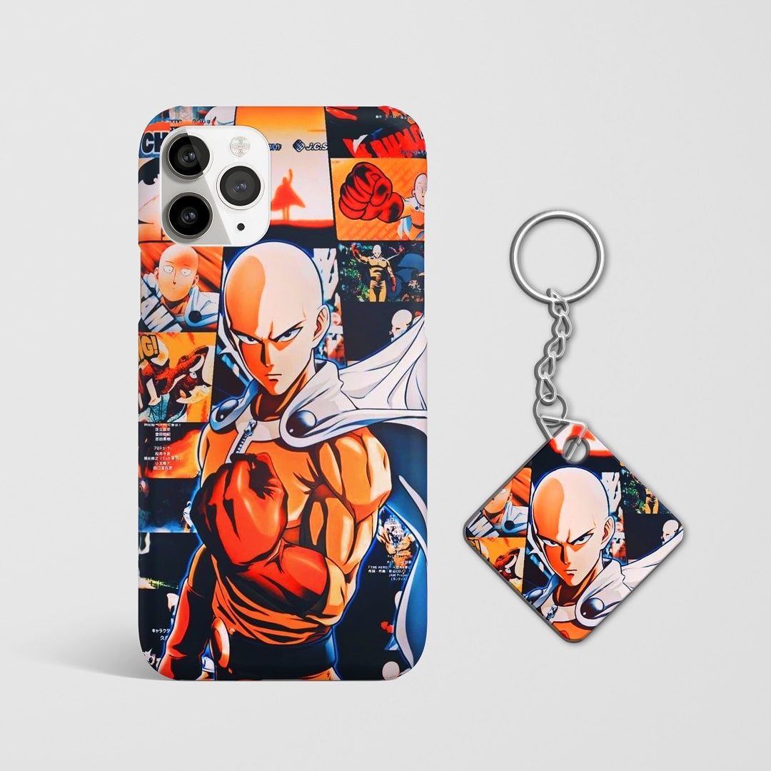 Close-up of Saitama’s various expressions in a collage on phone case with Keychain.