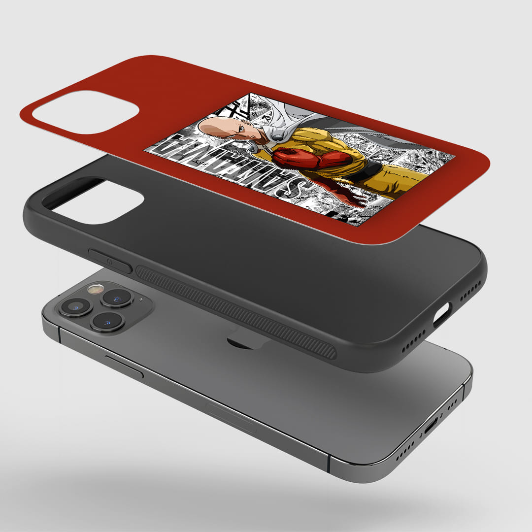 Saitama Phone Case installed on a smartphone, offering robust protection and a dynamic design.