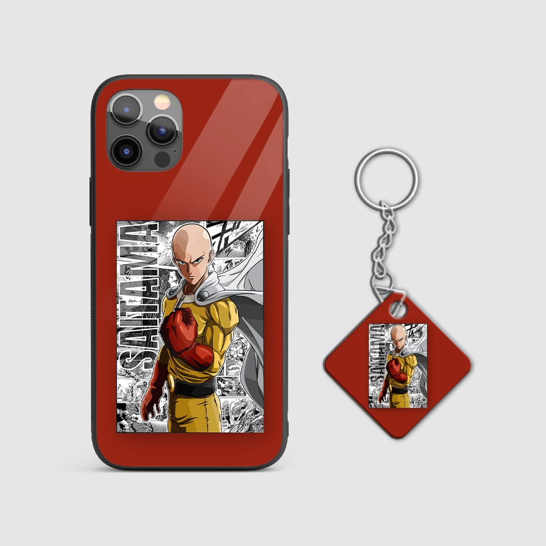 Iconic design of Saitama from One Punch Man on a durable silicone phone case with Keychain.