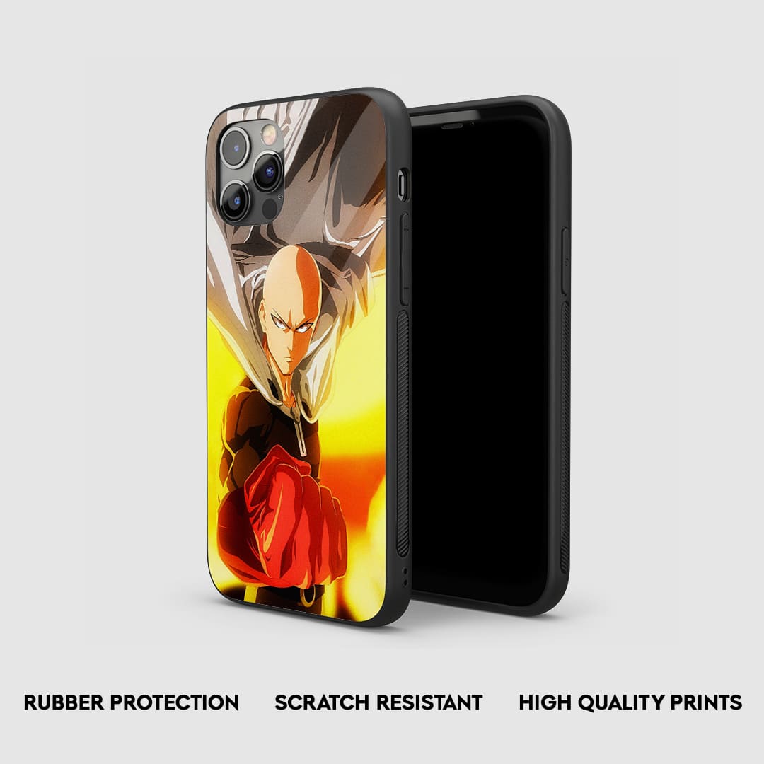 Side view of the Saitama Graphic Armored Phone Case, highlighting its thick, protective silicone material.