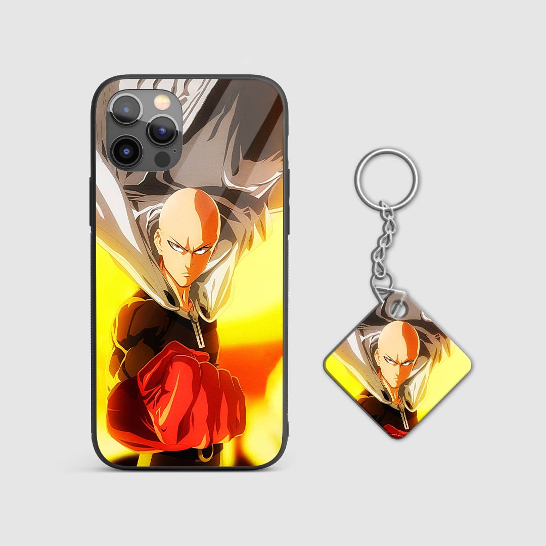 Artistic graphic design of Saitama from One Punch Man on a durable silicone phone case with Keychain.