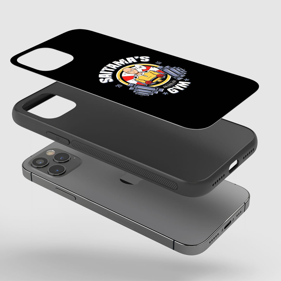 Saitama Gym Phone Case installed on a smartphone, offering robust protection and a dynamic design.
