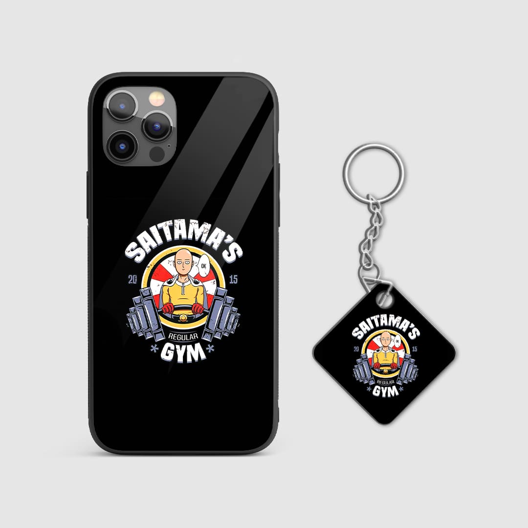 Gym-themed design of Saitama from One Punch Man on a durable silicone phone case with Keychain.