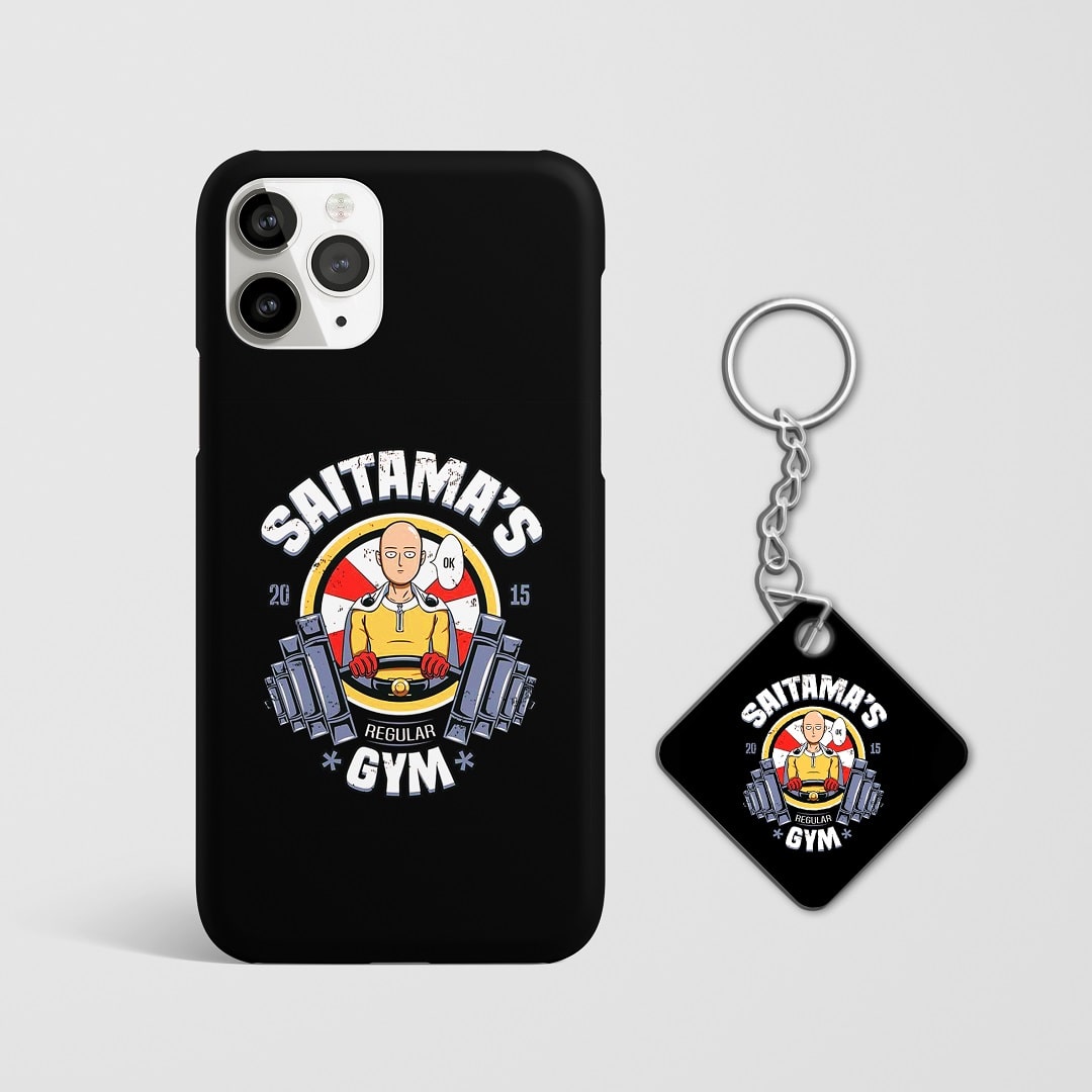 Close-up of Saitama’s focused expression in a gym setting on phone case with Keychain.