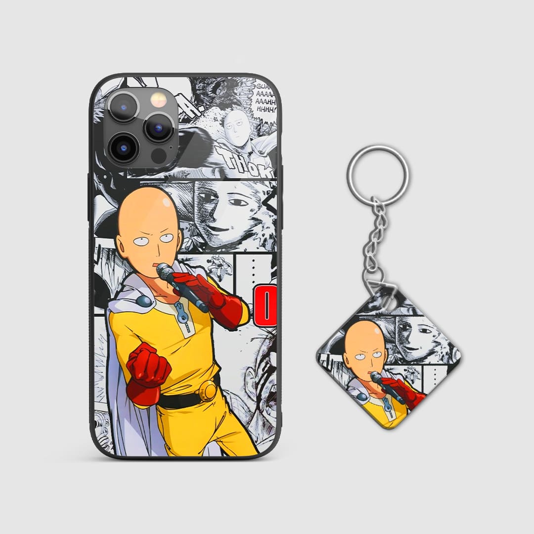 Manga design of Saitama from One Punch Man on a durable silicone phone case with Keychain.