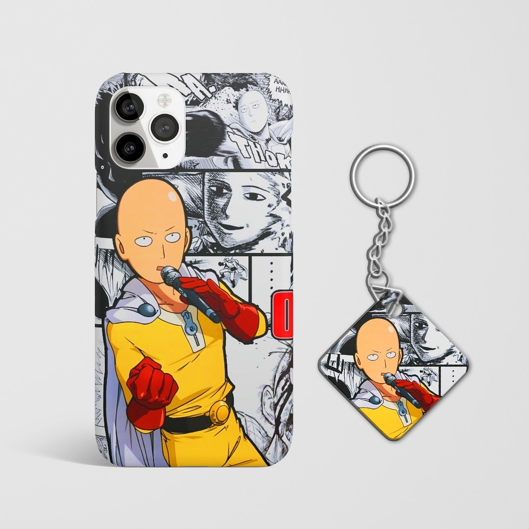Close-up of Saitama’s determined expression in manga style on phone case with Keychain.