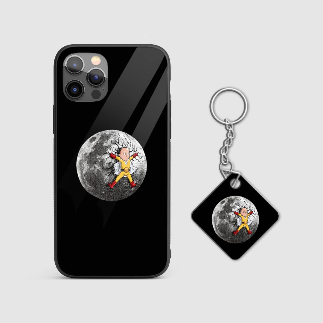 Moonlit design of Saitama from One Punch Man on a durable silicone phone case with Keychain.