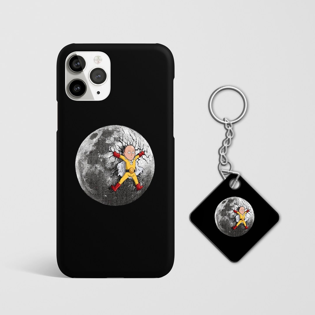 Close-up of Saitama’s calm expression with a moonlit background on phone case with Keychain.